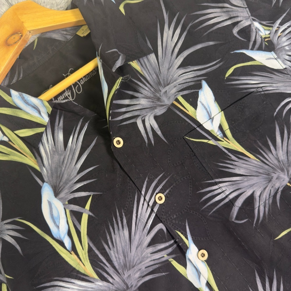 Tommy Bahama Mens Large Black 100% Silk Tropical Palm Floral Camp Shirt